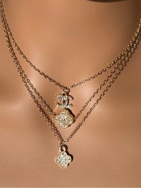 Trendy Fashion Jewelry Gold Tone Layered Clover-Rhinestones Charm Necklace NEW